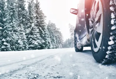 auto jadące na śniegu po leśnej drodze